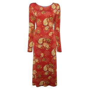 Johnny Was Red Paisley Stretch Midi Dress Long Sleeve Tie Back Size Large